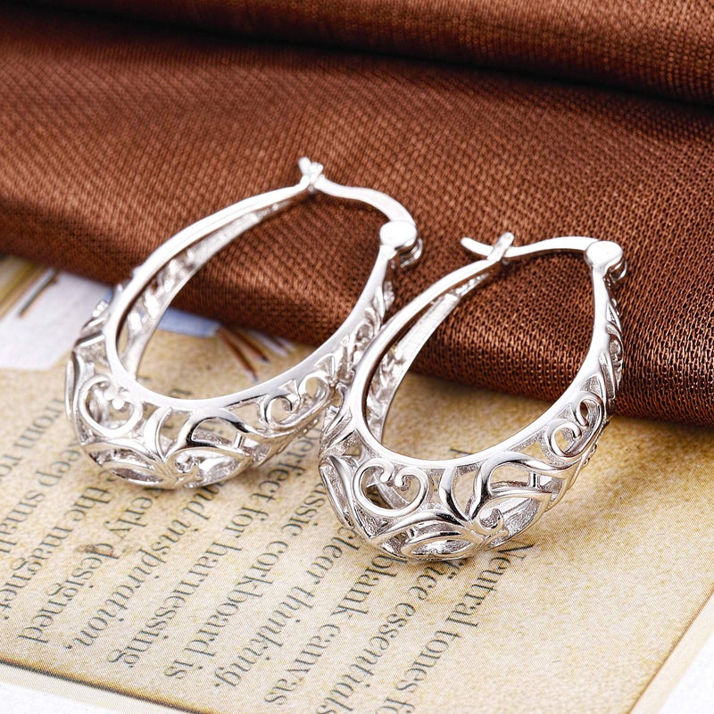 MILACOLATO 925 Sterling Silver Hoop Earrings for Women 18K White Gold Plated Vintage Filigree Oval Hoop Earrings Lightweight & Hypoallergenic Vintage Hoop Earrings - Image 5